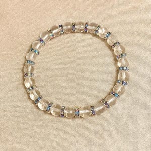 clear quartz 6mm crystal gemstone and rhinestone spacers stretch bracelet handcrafted jewelry