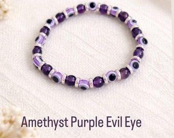 Purple Evil Eye Amethyst Bracelet: Healing Crystal Protection