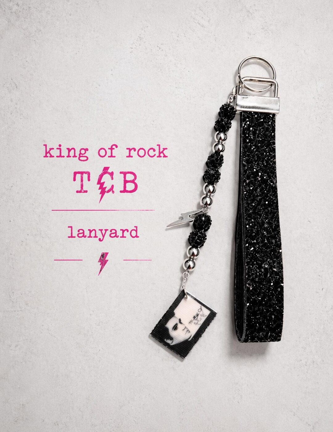 Tcb Keychain Elvis TCB Keychain Wristlet, Black Glitter Key Fob, Lightning Bolt ...