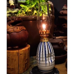 Irregular Ceramic Oil Lamp, Handmade Striped Oil Lamp, Vintage Unique Kerosene Lamp, Traditional Glass Oil Lamp, Housewarming Gift