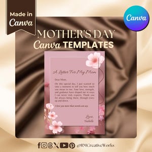 Plantilla de Canva para carta del Día de la Madre: Mensaje conmovedor imprimible / Recuerdo editable de 8x11 / Carta floral rosa / Descarga instantánea