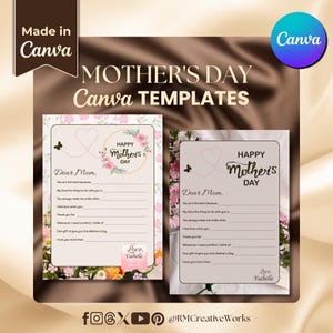 Plantilla de Canva para carta del Día de la Madre / Recuerdo para rellenar / Descarga digital editable de 20x28 cm / Carta para niños y adultos