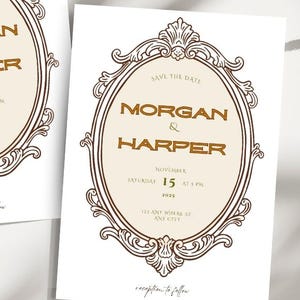 Könnte beinhalten: Zwei Hochzeitseinladungskarten mit Vintage-Design. Die Karten zeigen einen ovalen Rahmen mit den Namen "Morgan & Harper" in einer Serifenschrift. Das Datum "15. November 2023" wird ebenfalls angezeigt. Die Karten sind weiß mit braunen und beigen Akzenten.