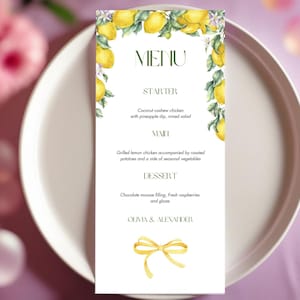 Modèle de menu au citron | Menu de fête imprimable A4 | Menu canevas modifiable | Menu de mariage aux agrumes | Menu du dîner floral jaune | Événement sur le thème du citron