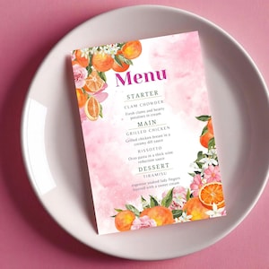 Modelo de Cardápio Floral Cítrico | Cardápio para Eventos para Imprimir | Cardápio Laranja | Cardápio Editável do Canva | Cardápio de Casamento em Aquarela Rosa | Cardápio para Festa de Verão