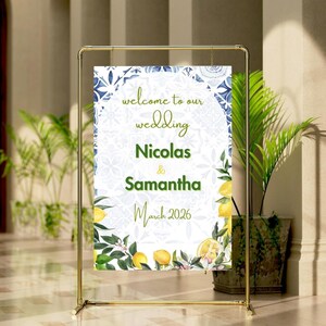Majolica Lemon Wedding Welcome Sign, Editable 18&quot;x24&quot; Canva Template, Mediterranean Tile-Inspired Reception Sign