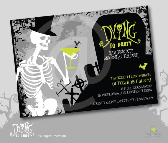 Skeleton Dying to Party Halloween Custom Invitation - DIY Printable Il_570xn