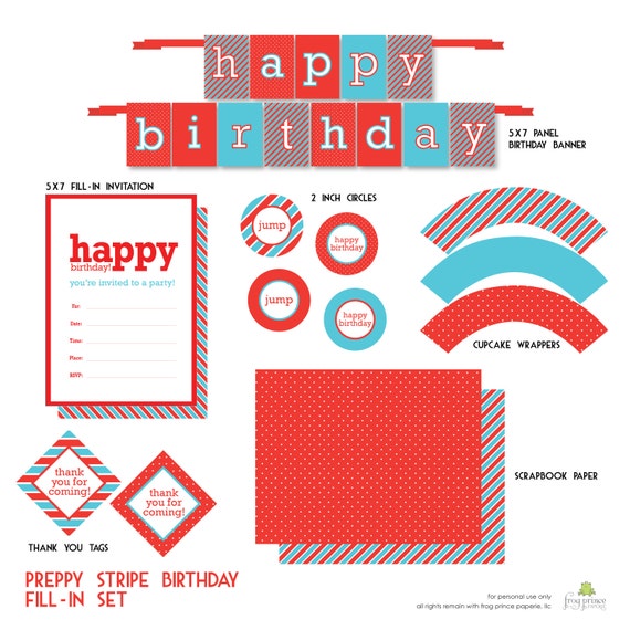 Preppy Stripes Fill-In Printable Party Pack Il_570xn