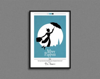 May include: A blue and white minimalist poster with a silhouette of Mary Poppins holding an umbrella and a suitcase. The poster has the text "Mary Poppins" and "1934" and a quote from P.L. Travers.