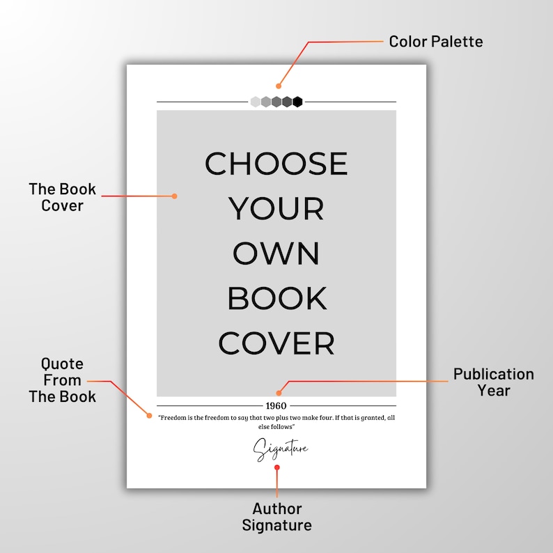 May include: A black and white printable design for a book cover. The text reads "Choose Your Own Book Cover". The design also includes a quote, a signature, and the year 1960.