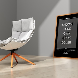 May include: A white and gray modern chair with a swivel base and orange legs sits in a room with a framed poster that reads "Choose Your Own Book Cover".