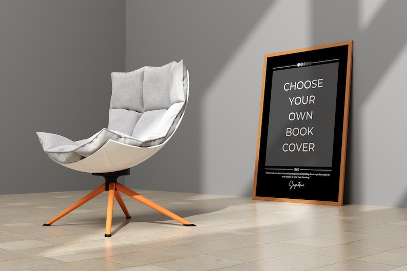 May include: A white and gray modern chair with a swivel base and orange legs sits in a room with a framed poster that reads "Choose Your Own Book Cover".