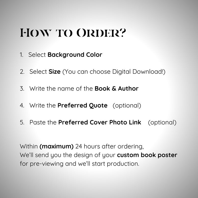 May include: How to order a custom book poster. Select background color, size, book title and author, and optional quote and cover photo link. The design will be sent within 24 hours.