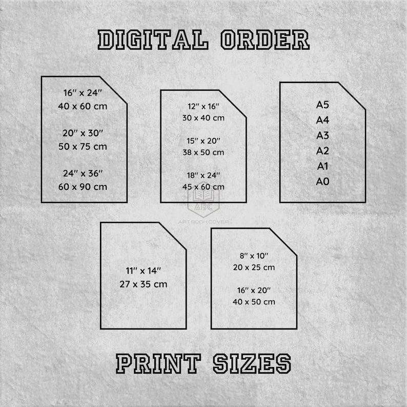 May include: A chart showing different print sizes in inches and centimeters. The chart includes standard paper sizes like A0, A1, A2, A3, A4, and A5. The chart also includes sizes like 8x10 inches, 11x14 inches, 12x16 inches, 16x20 inches, 16x24 inches, 20x30 inches, 24x36 inches, and 15x20 inches.