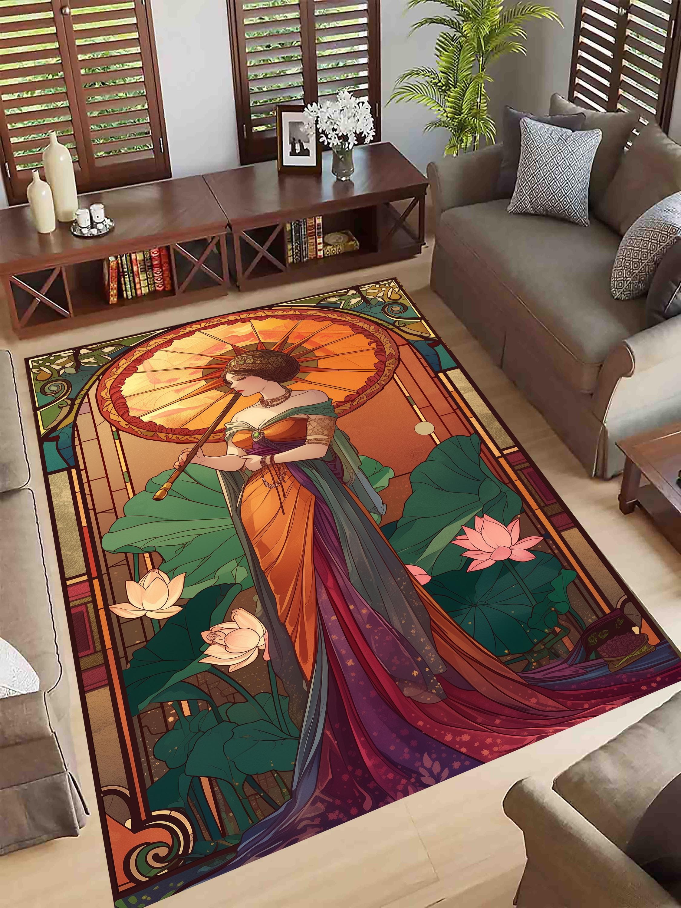Art Nouveau Woman Rug, Vintage Floral Lady Carpet, Mucha Style Boho ...