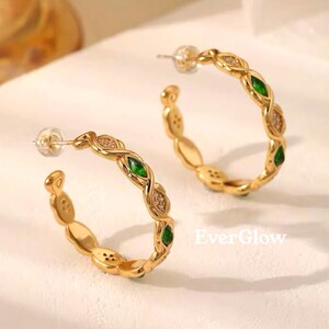Emerald Green CZ Hoop Earrings, 14K Gold Plated Sterling Silver Posts
