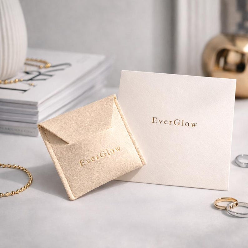 May include: A beige suede jewelry pouch and a matching card with the text "EverGlow" in gold lettering. The pouch is open, and the card is square. A gold chain and rings are visible.