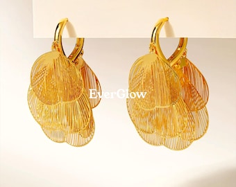 18K Gold Plated Petal Cascade Earrings, Lightweight Openwork Floral Drops