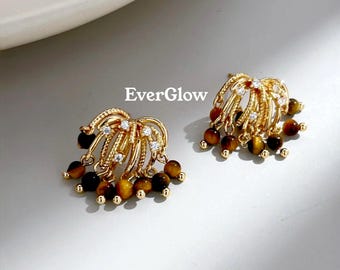 Boucles d'oreilles feu d'artifice en plaqué or 22 carats | Boucles d'oreilles oeil de tigre et cz