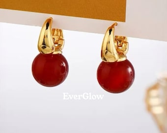 Red Agate Gold Drop Earrings | 18K Plated Natural Stone Statement Jewelry