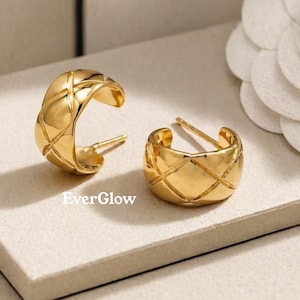 Quilted 18K Gold Plated/Silver Tone Hoop Earrings, Stackable Cuff Style
