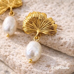 Ginkgo Leaf Pearl Drop Earrings: 18K Gold Plated Studs