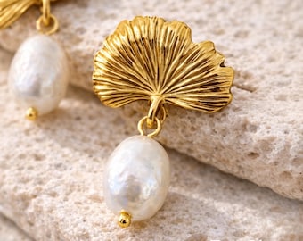 Ginkgo Leaf Pearl Drop Earrings: 18K Gold Plated Studs
