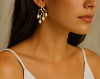 Gold Branch Pearl Dangle Earrings | 14K Gold Plated, Sterling Posts