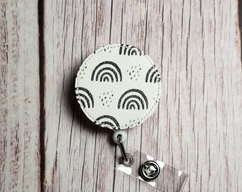 Black And White Rainbow Badge Reel, Retractable ID Badge Holder, Round Badge Topper, Nurse Badge, Teacher Badge, ID Badge Clip