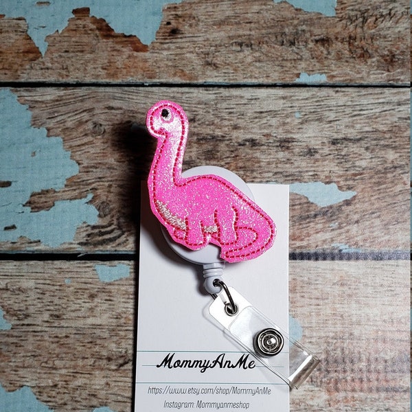 Pink Dinosaur Badge Reel, Retractable ID Name Badge Holder, NICU Nurse Badge Reel, Pediatrician Name Badge Holder, Teacher Badge Reel