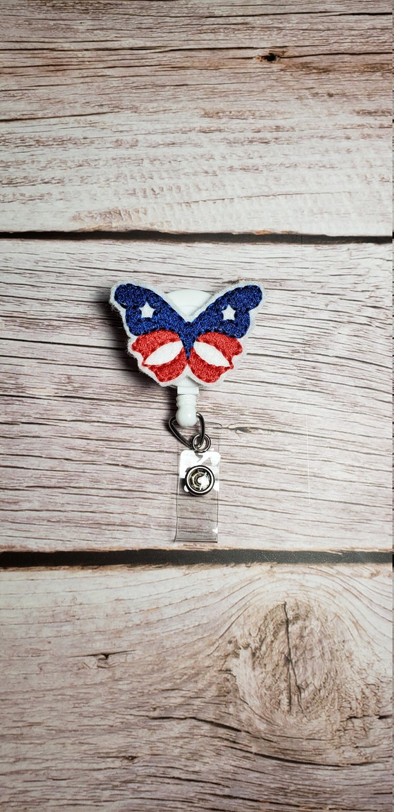 Patriotic Butterfly Badge Reel, Retractable ID Badge Holder, Interchangeable Badge Reel Topper, Butterfly Name Badge Holder, Red White Blue