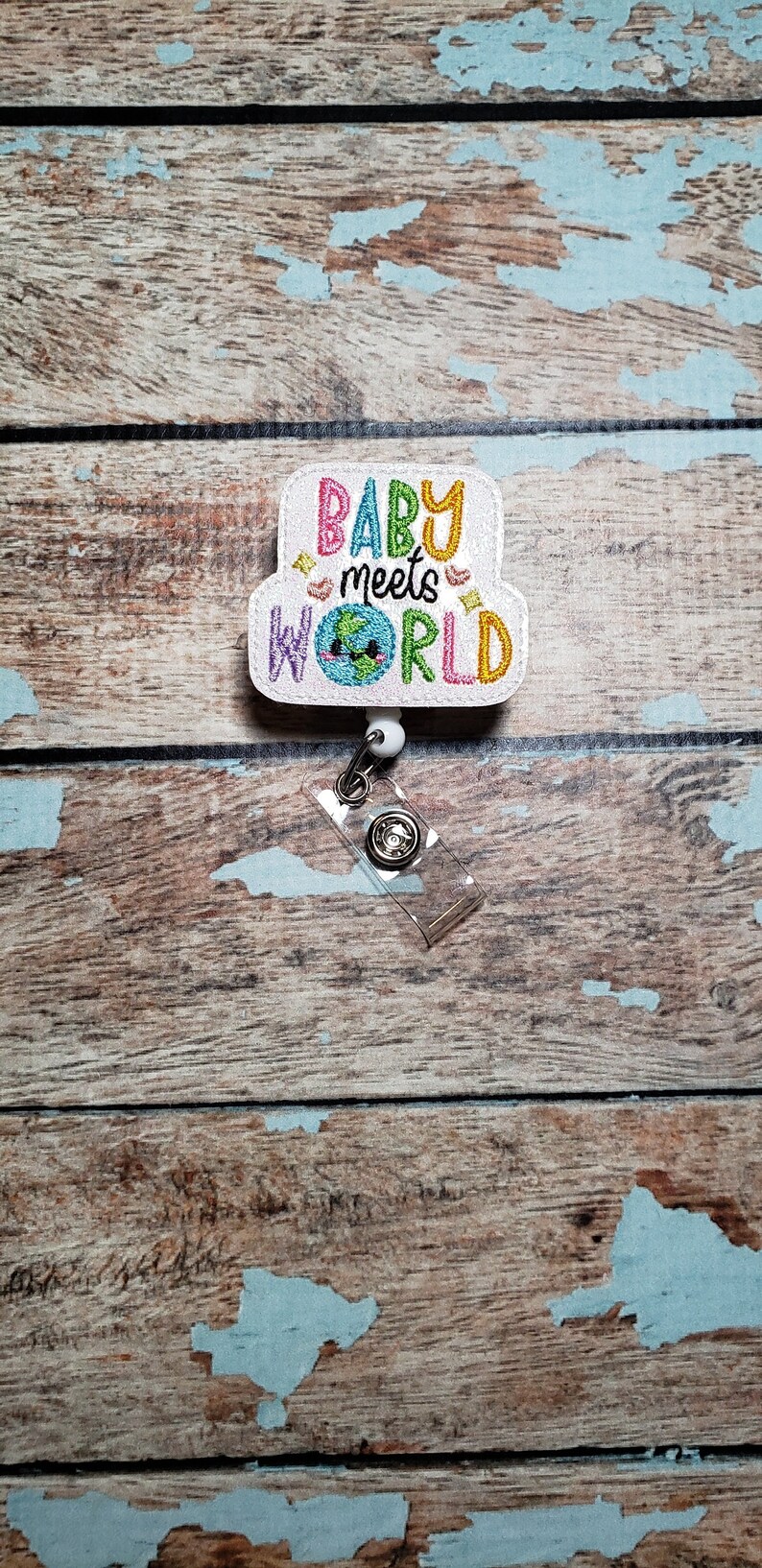 Baby Meets World Badge Reel, Retractable ID Badge Holder, L&D Badge Reel, MBU Badge Holder, Nurse Badge, Glittery Badge Topper, Badge Buddy image 1