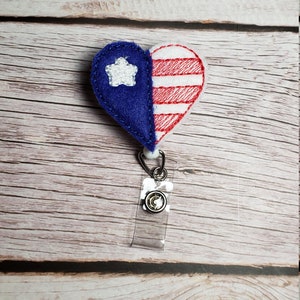 Patriotic Heart Badge Reel, Retractable ID Badge Holder, Interchangeable Badge Reel Topper, Flag Name Badge Holder, Red White Blue ID Reel