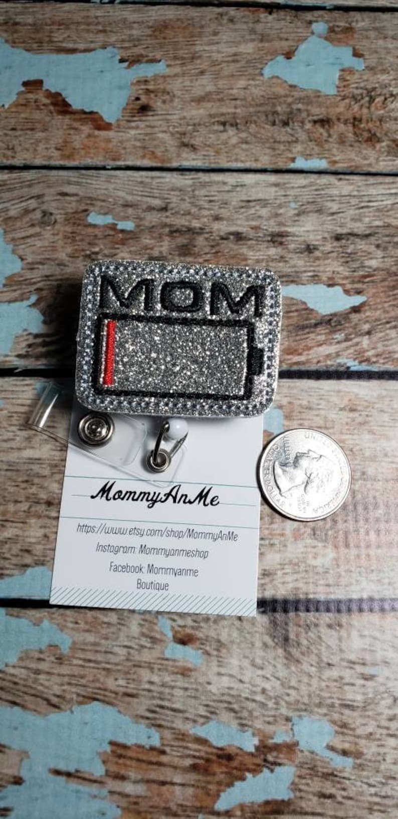Retractable Badge Pull Retractable ID Badge Holder Glitter Vinyl Badge Reel Mom Badge Reel Battery Badge Reel