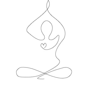Pode incluir: Desenho de linha de uma pessoa em uma pose de yoga com um coração no centro do peito. O texto "Let it be. Let it go. Let it flow." está abaixo da imagem.