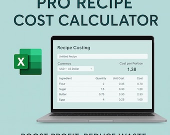 Rezept Kosten Rechner | Restaurant Pricing-Tool | Lebensmittelgeschäft Gewinnkontrolle | Rezept Kostenkontrolle | Vollständig bearbeitbar | Sofort Download