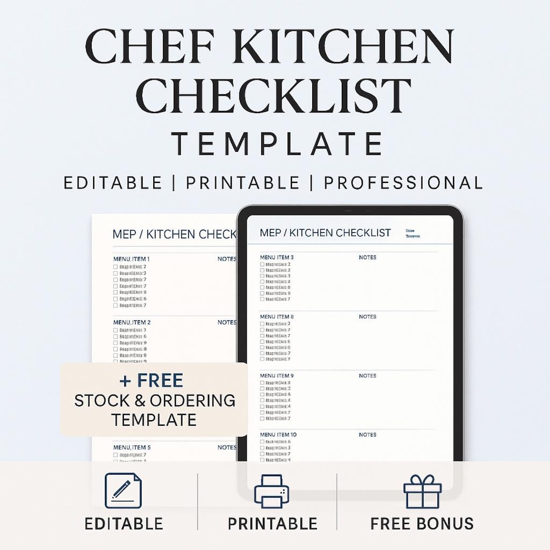 Chef Kitchen Checklist Template | Food Business Editable MEP Planner ...