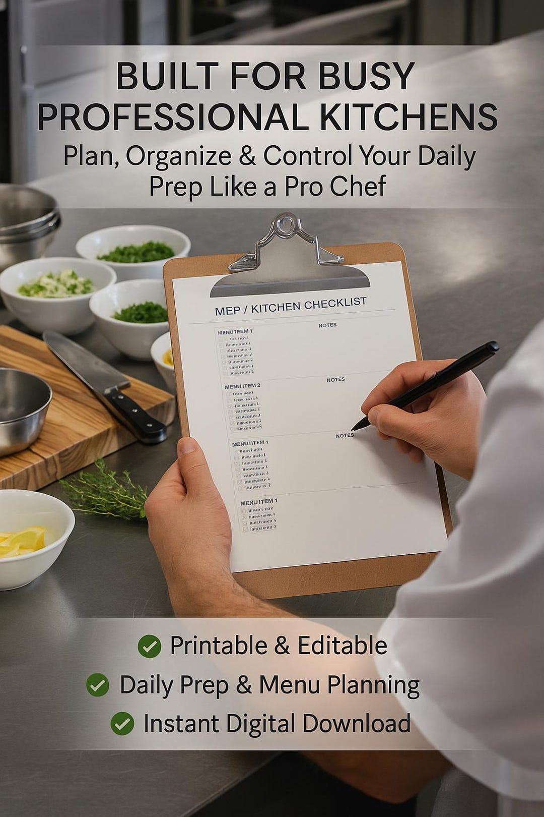 Chef Kitchen Checklist Template | Editable MEP Planner | Printable Prep ...