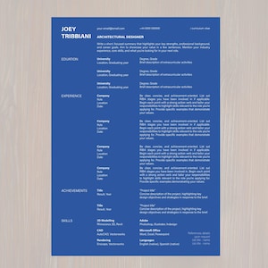 May include: A blue resume template with the name "Joey Tribbiani" and the title "Architectural Designer" at the top. The resume includes sections for education, experience, achievements, and skills, with placeholders for details.