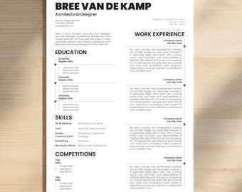 Plantilla de currículum de arquitectura, CV minimalista y carta de presentación (Microsoft Word, InDesign)