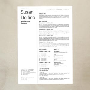 May include: A white resume template for an architectural designer named Susan Delfino. The resume includes sections for experience, education, skills, and areas of interest. The text is in black font.