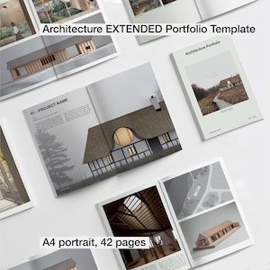 Könnte beinhalten: Ein offenes Layout einer Architektur-Portfolio-Vorlage. Der Einband lautet "Architecture Portfolio". Die Seiten zeigen architektonische Entwürfe und Modelle. Auf den Seiten steht "Architecture EXTENDED Portfolio Template", "01 - PROJECT NAME" und "A4 portrait, 42 pages".
