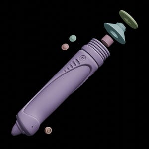 May include: A disassembled, lavender-colored stylus pen with various components floating around it. The components include a light blue cone-shaped piece, a pink cylinder, and several small, round pieces in shades of green and tan. The background is black.