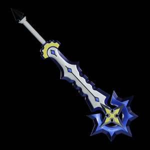 May include: A blue and white sword with a yellow star-shaped design at the end of the blade. The sword has a sharp point and a decorative handle.