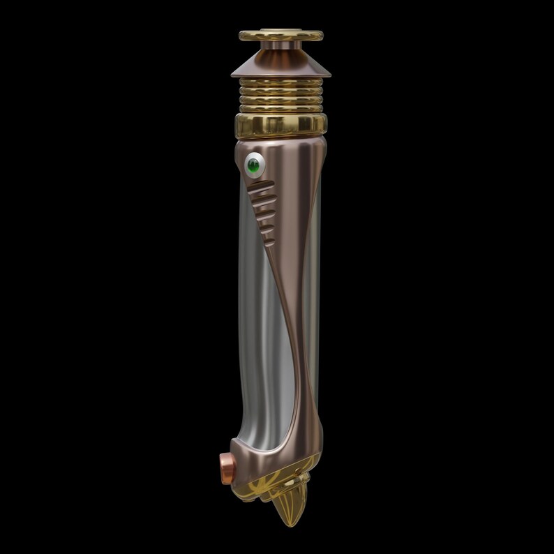 May include: A metallic lightsaber with a silver, bronze, and gold finish. The hilt features a green gem and intricate detailing. The lightsaber is approximately 11 inches long.