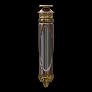 May include: A bronze-colored, elongated object with gold accents. The top features a gold cap and a series of gold rings. The center has a vertical, oval-shaped silver panel. The bottom has a gold, decorative base. The background is black.