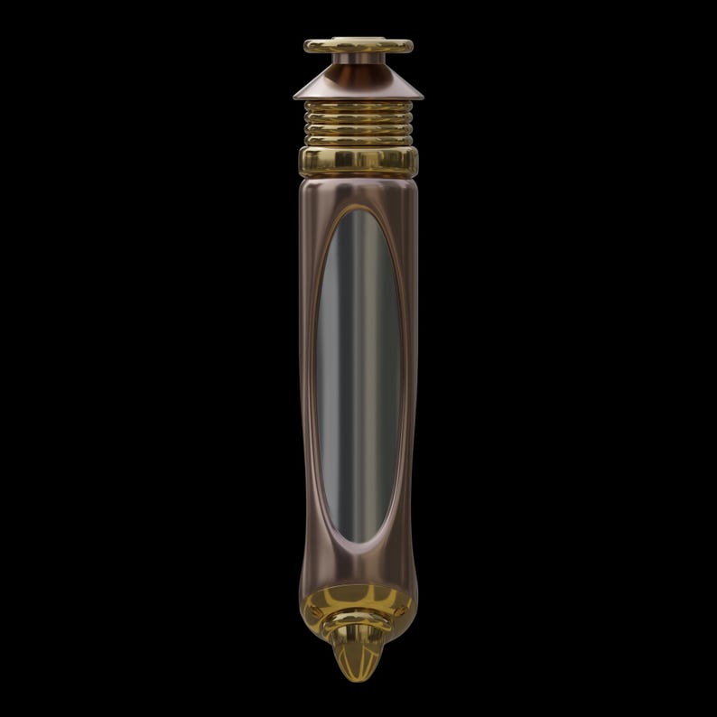 May include: A bronze-colored, elongated object with gold accents. The top features a gold cap and a series of gold rings. The center has a vertical, oval-shaped silver panel. The bottom has a gold, decorative base. The background is black.