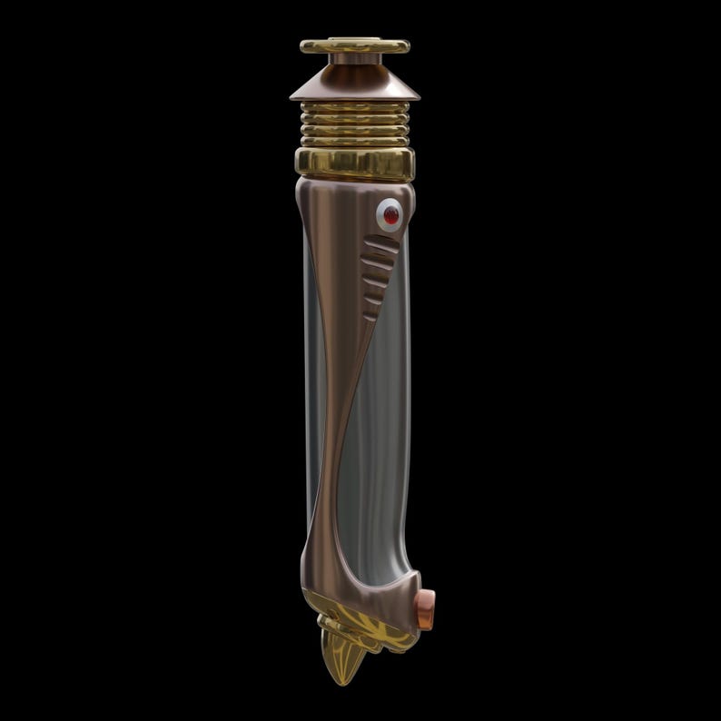 May include: A bronze and gold lightsaber with a red button and a clear, cylindrical blade. The hilt features intricate detailing and a decorative finial. The lightsaber is set against a black background.