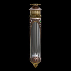 May include: A metallic lightsaber with a silver blade and bronze and gold accents. The hilt features red and green gem-like details. The design includes a rounded base and a detailed top, set against a black background.