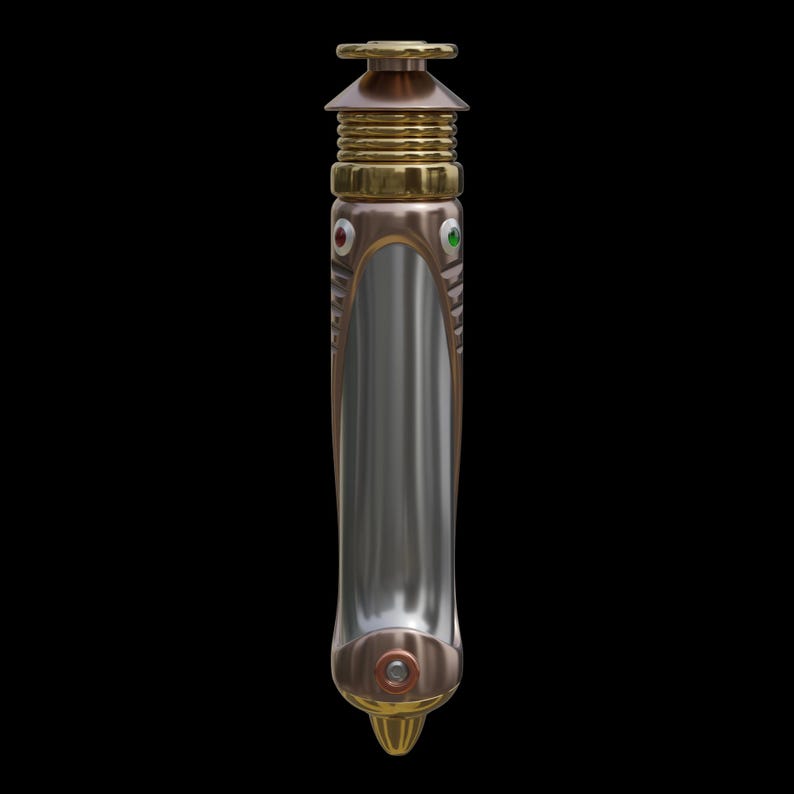 May include: A metallic lightsaber with a silver blade and bronze and gold accents. The hilt features red and green gem-like details. The design includes a rounded base and a detailed top, set against a black background.